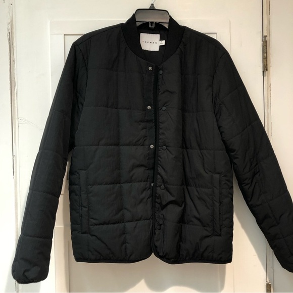 NWOT Mens TOPMAN puffer square quilted jacket in black snap front S - Picture 2 of 7